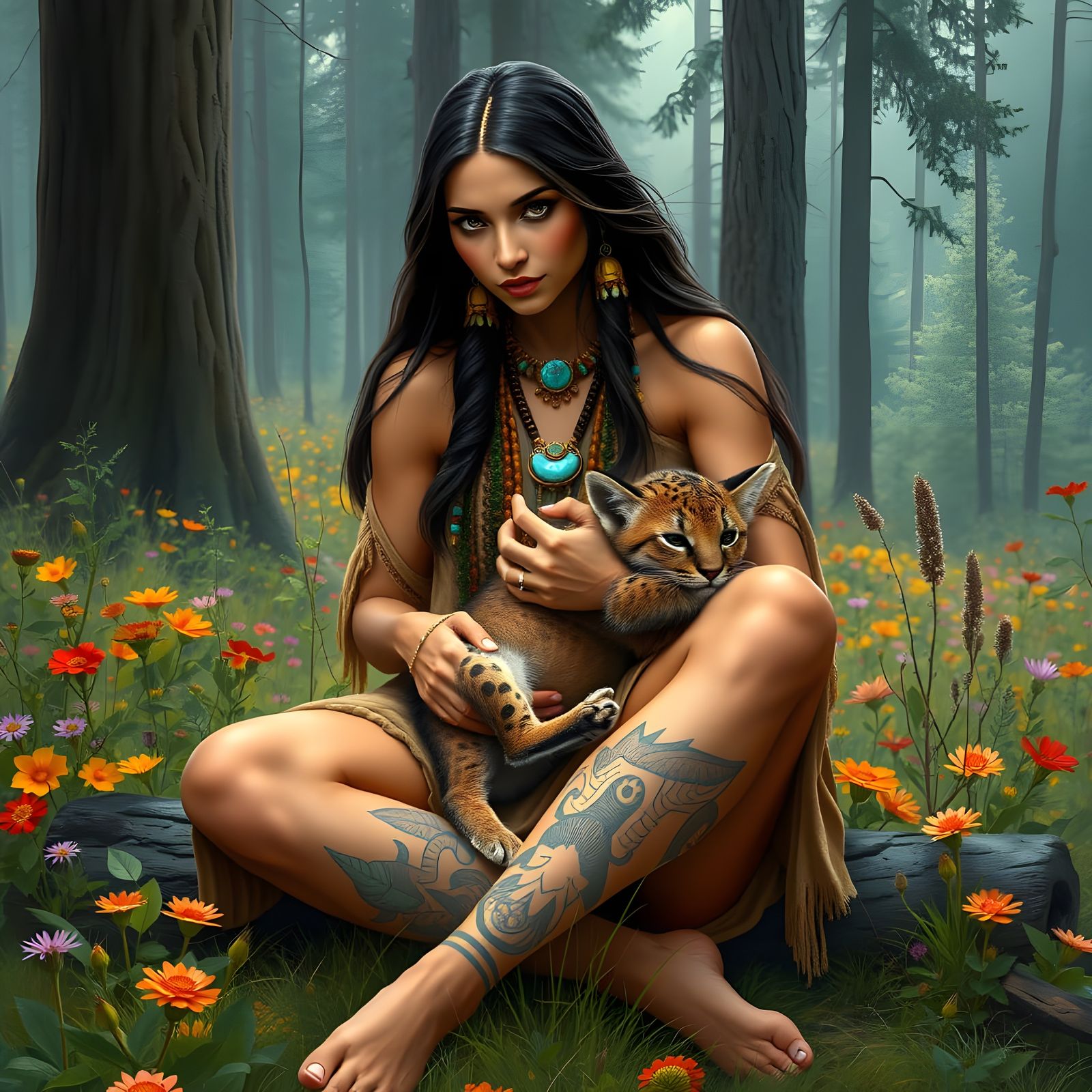Native American Woman with Tattoos and Mountain Lion Kitten
