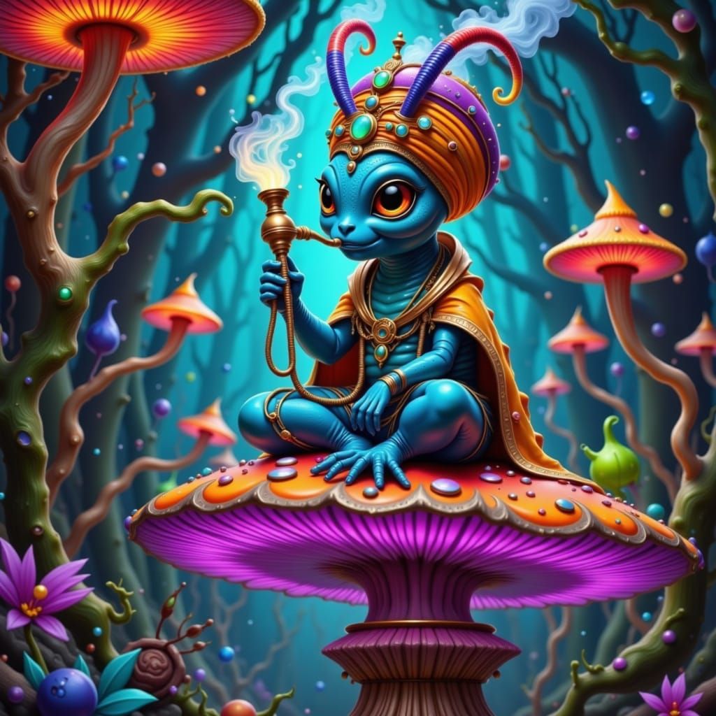Surreal Blue Fae Smokes Hookah on Glowing Mushroom