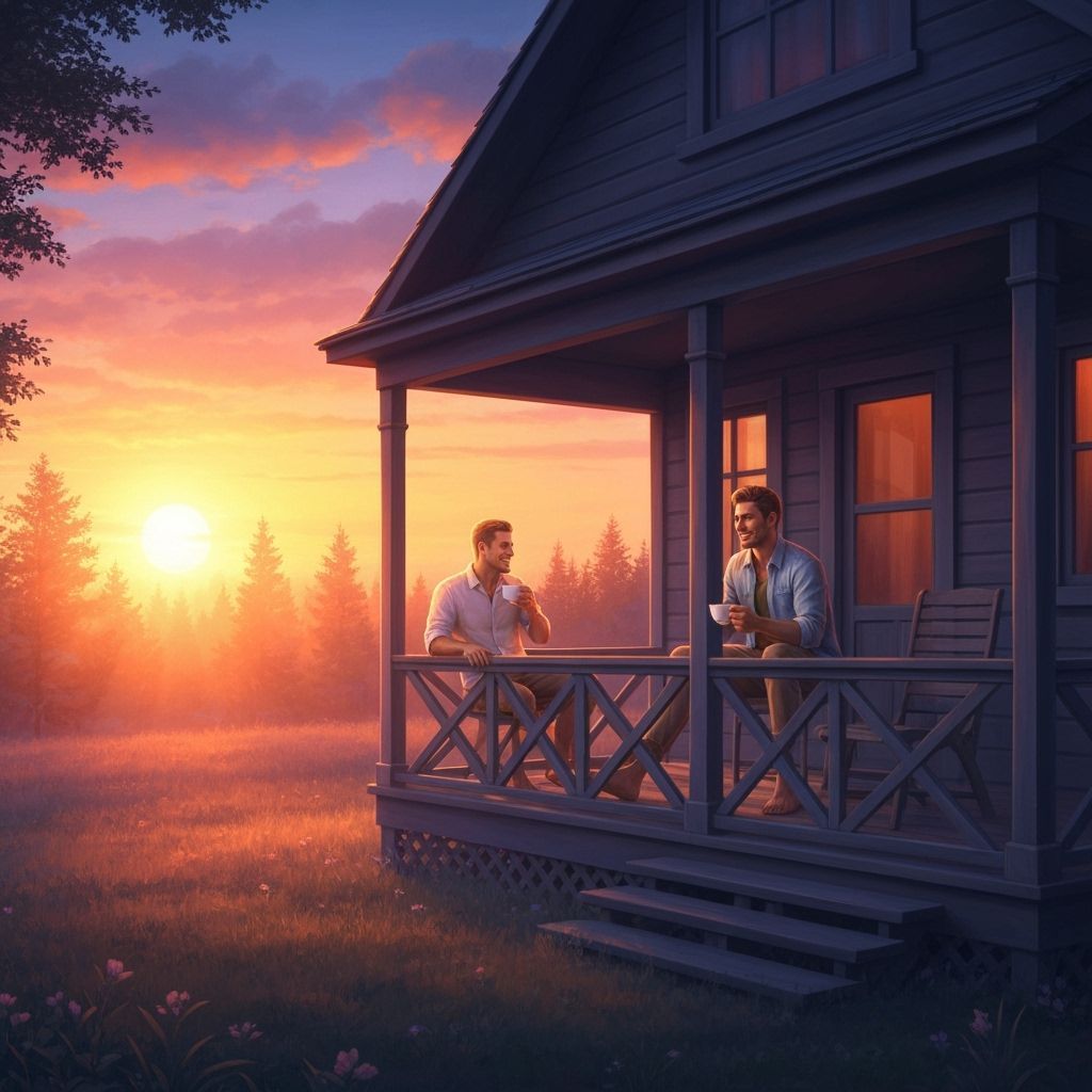 Gay Couple Enjoys Sunrise Coffee at Cozy Cottage