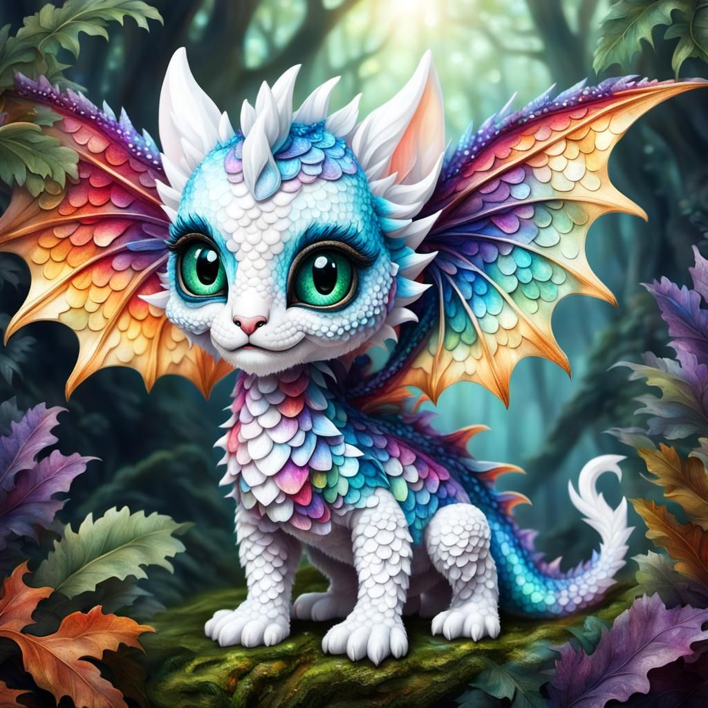 adorable tiny fairy baby dragon made entirely from colorful scales with overly large eyes, with a cute white kitten, hyp...