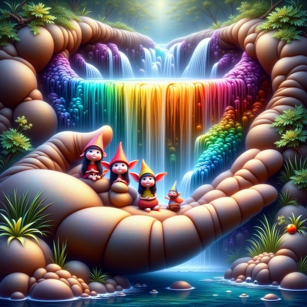 beautiful rainbow colored waterfall in a stone hand with lit...