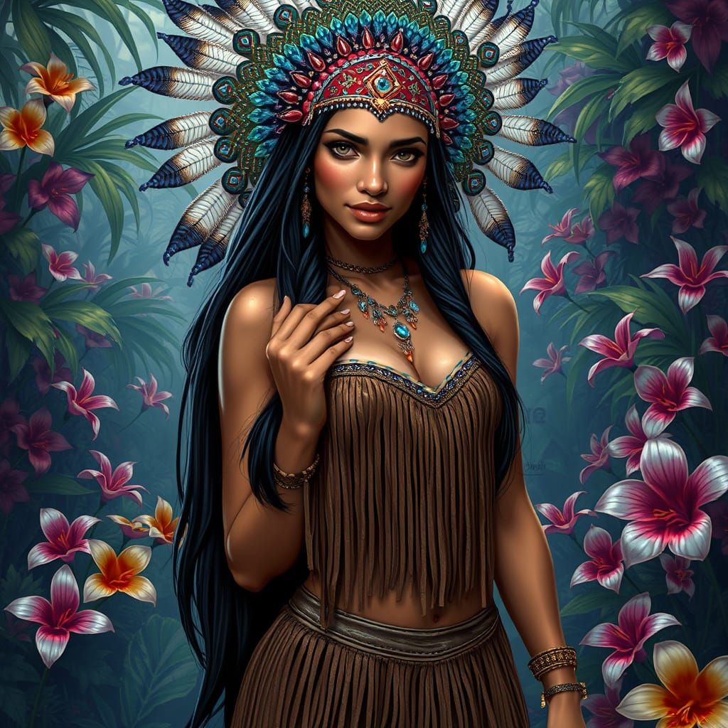 Hyperrealistic Disney Princess Pin-Up Art in Native American...