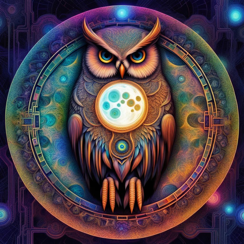 Fractal Mandala Owl and Moon in Holographic Style