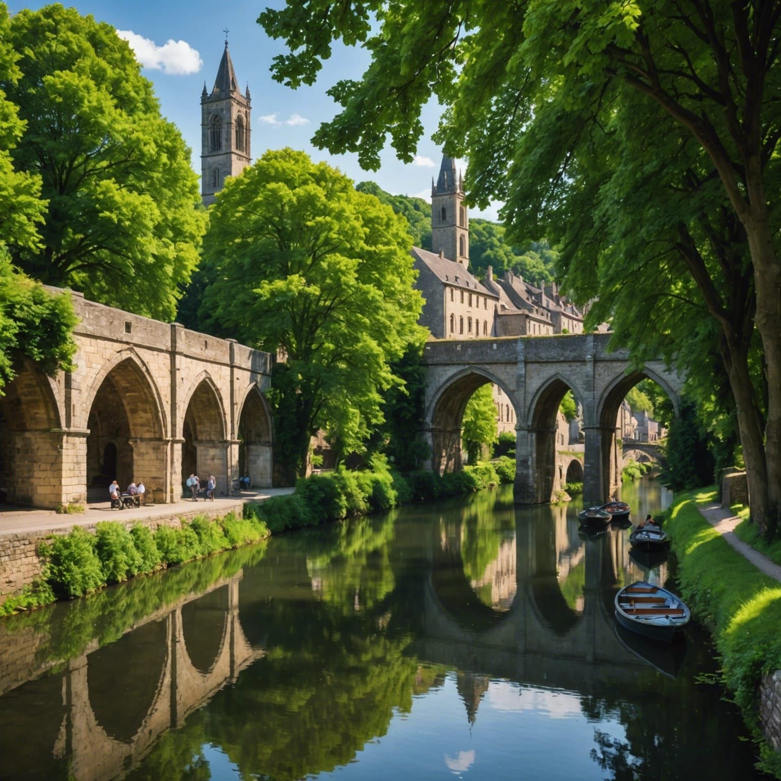 Picturesque Town with Stone Viaduct and Lush Landscape