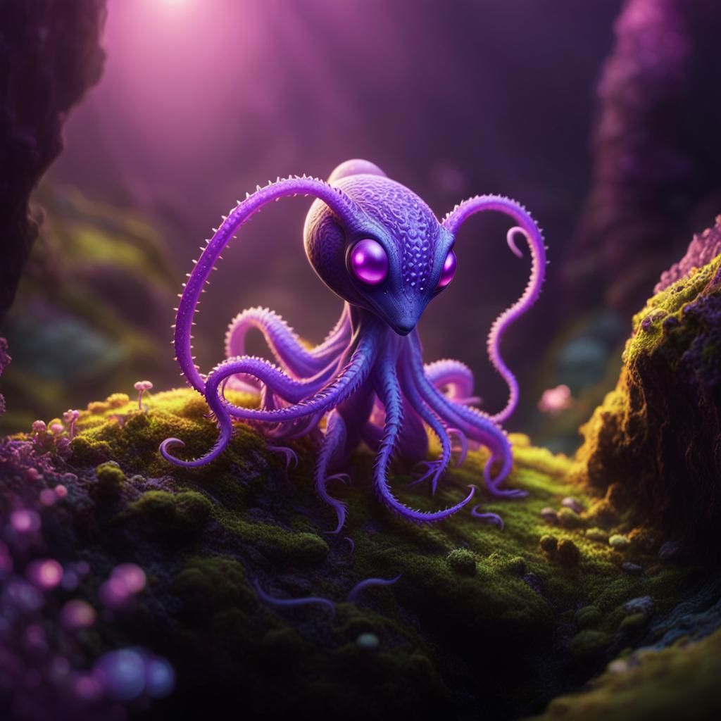 Curious Tentacled Alien on Purple Rock: Zbrush Style