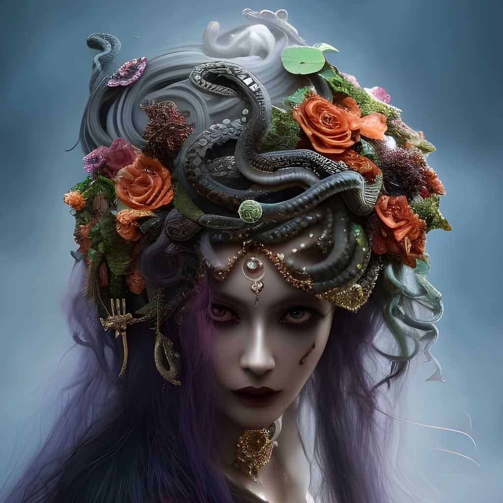 Gothic Medusa Beauty with Snakes and Flowers