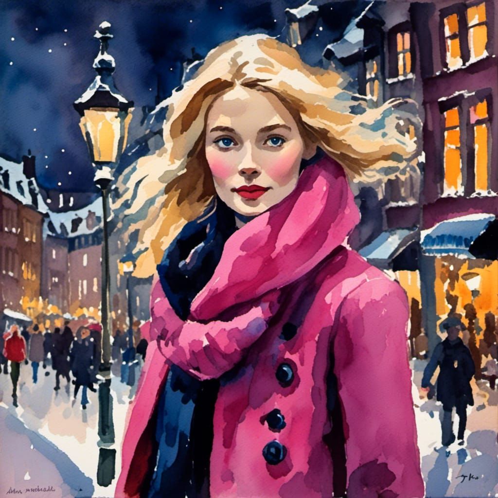 Scandinavian Woman in Copenhagen, Gouache Watercolor Style