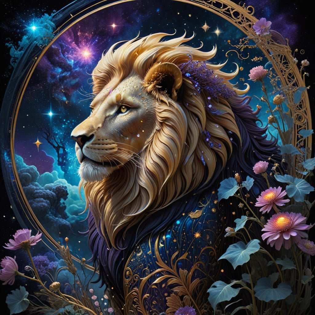 Lion with Stardust Mane in Surrealist Fantasy Art