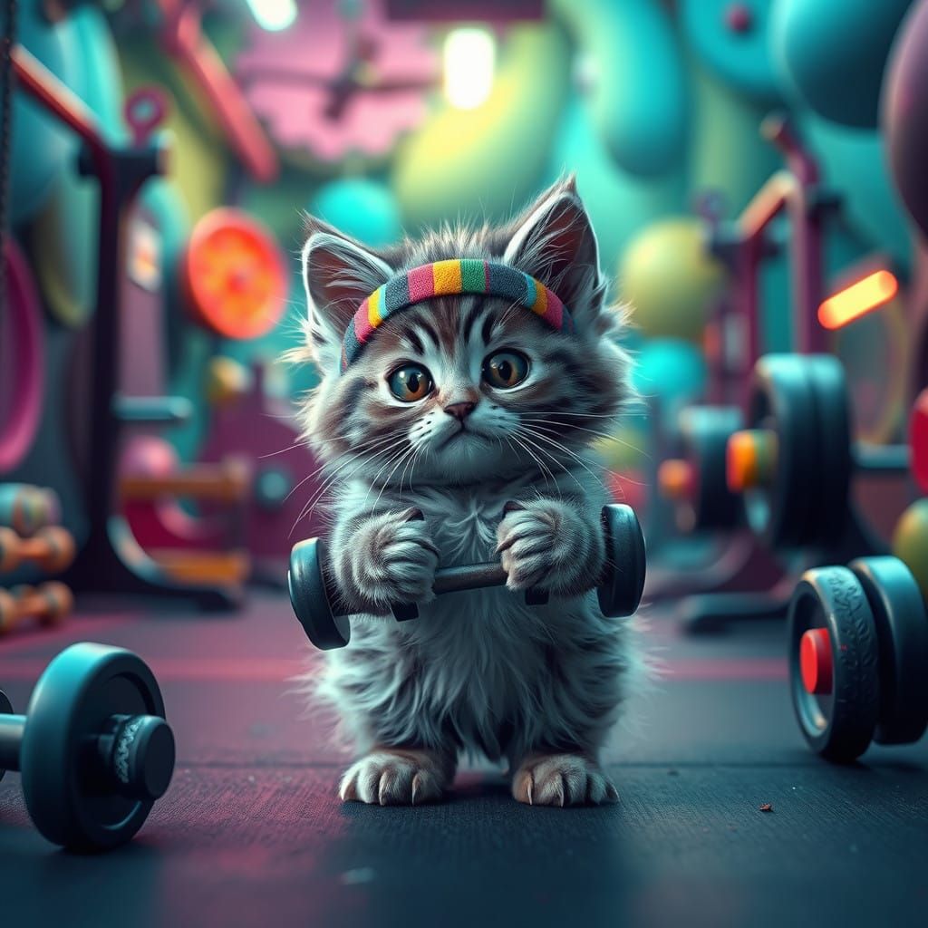 Whimsical Kitten Gymnast in Fantasy Setting