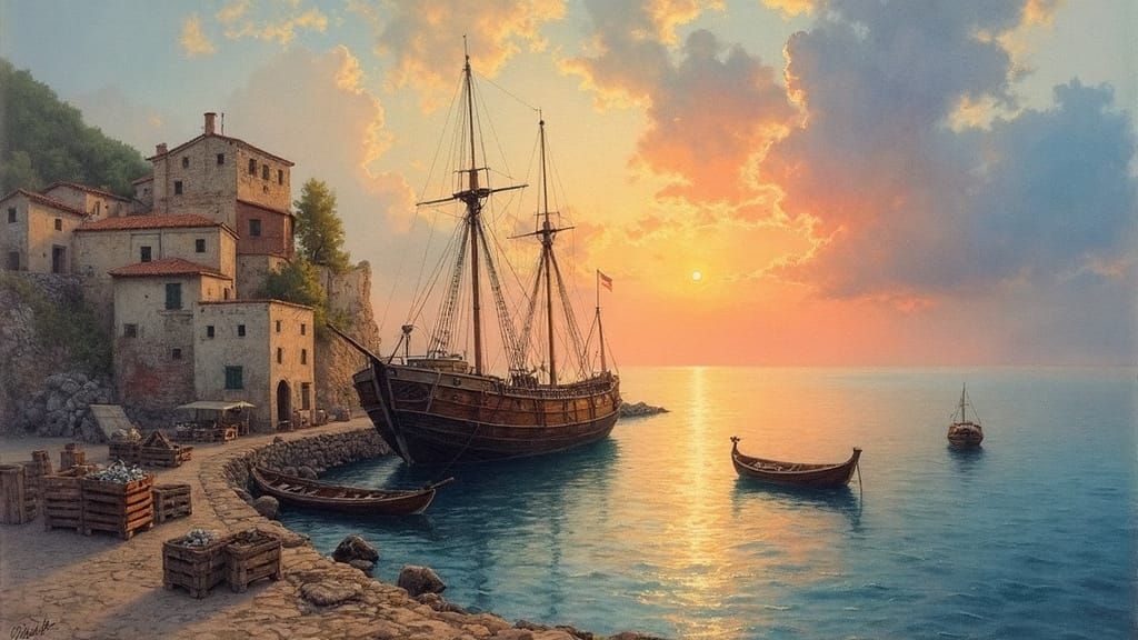 Italian Island Sunset: Watercolor Patchwork Ships
