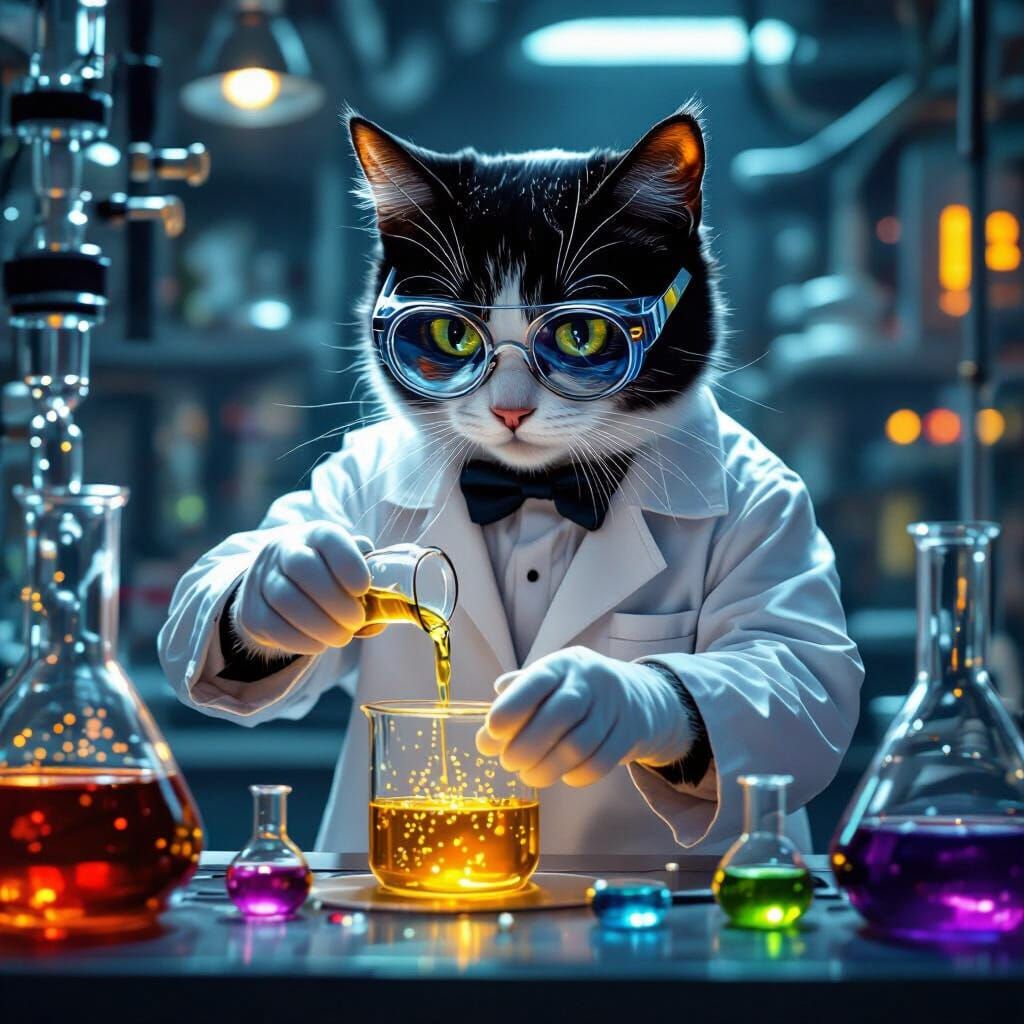 Tuxedo Cat Scientist in Hyperrealistic Lab