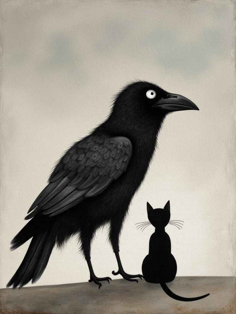 Angry Crow Stares Intently at a Cat