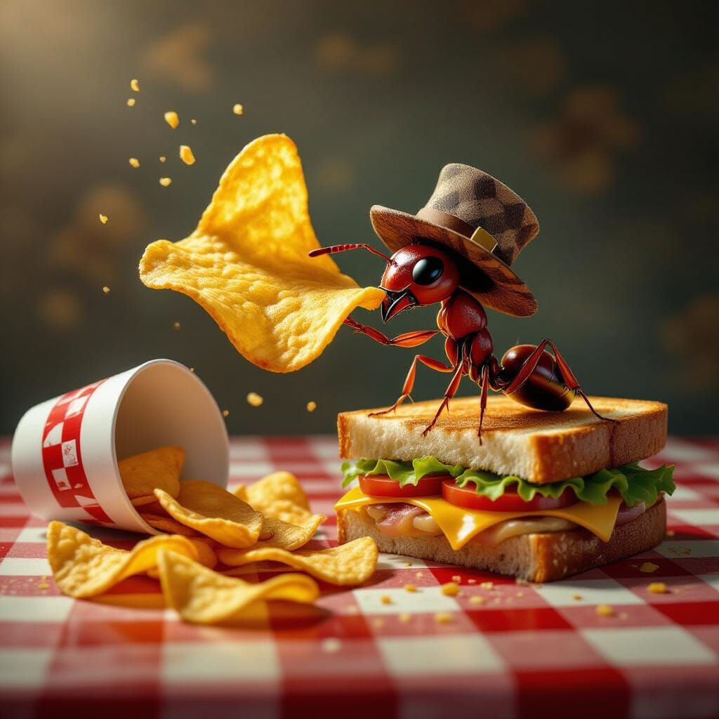 Ant Explorer Lifts Giant Chip on Picnic Blanket