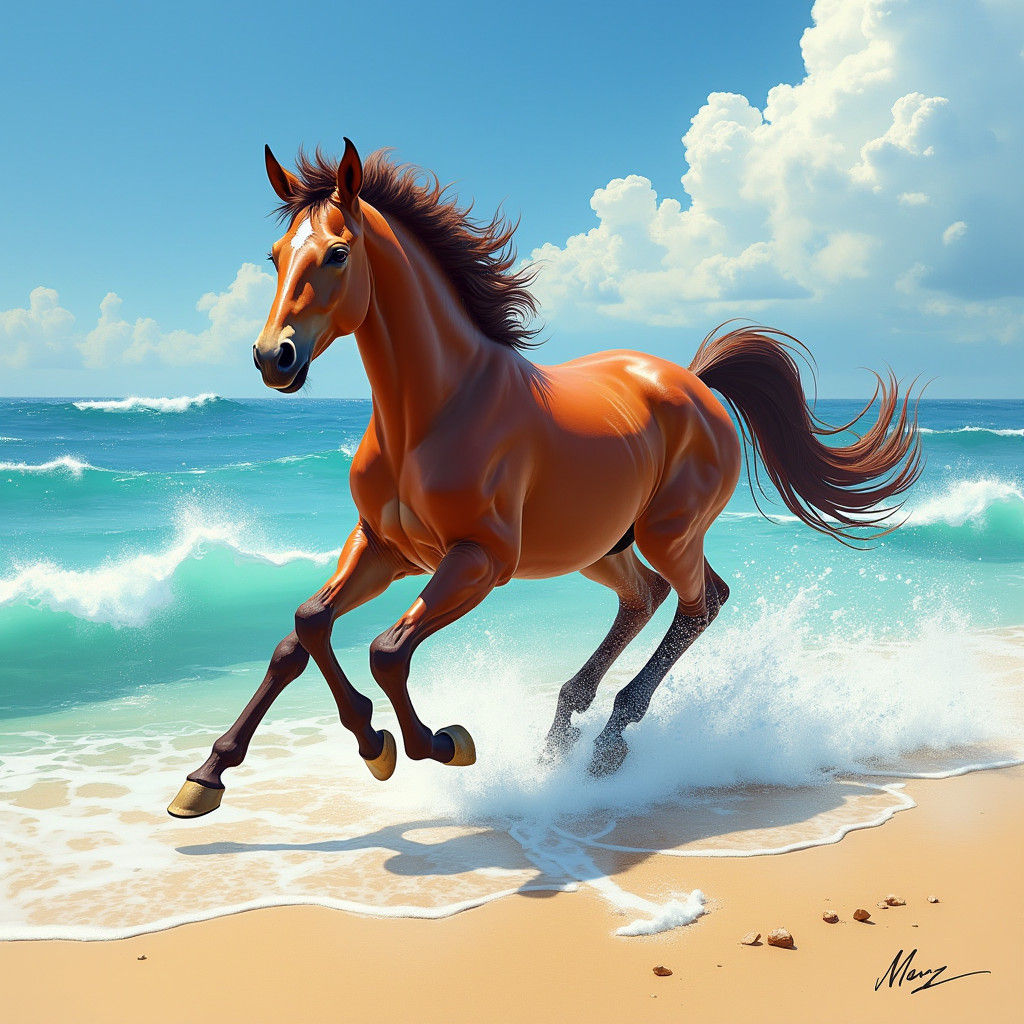Chestnut Foal Galloping on Beach in Hyperrealistic Style