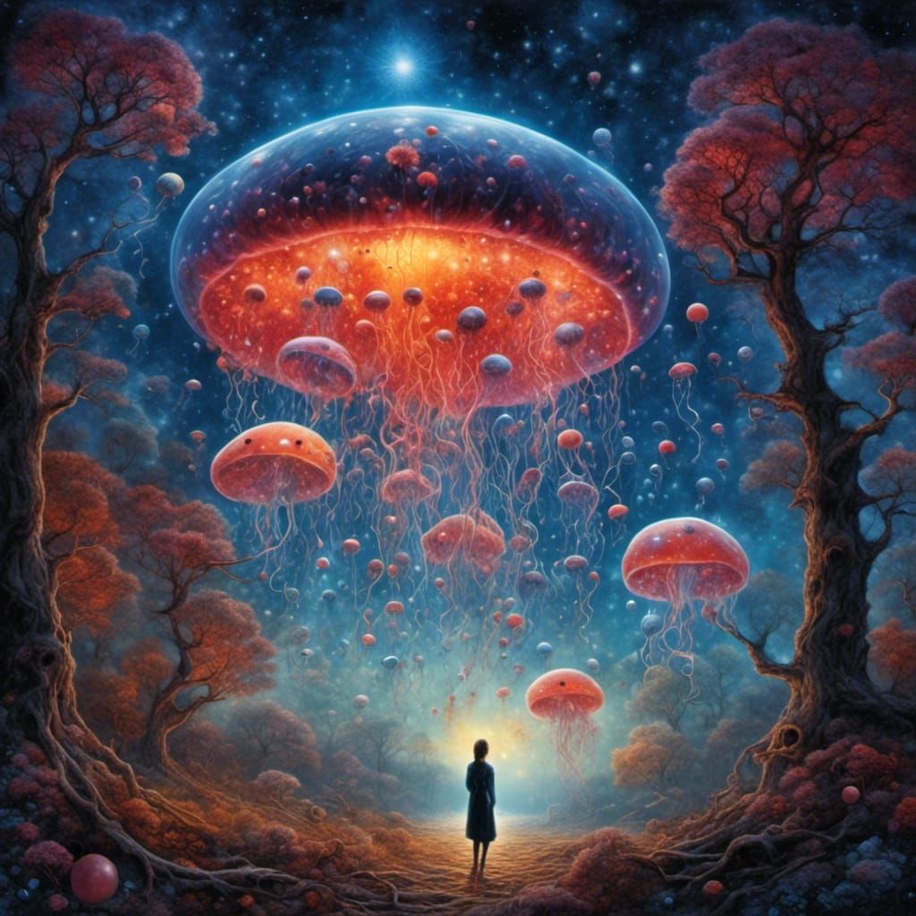 Surreal Jellyfish Optical Illusion with Stars and Nebulae