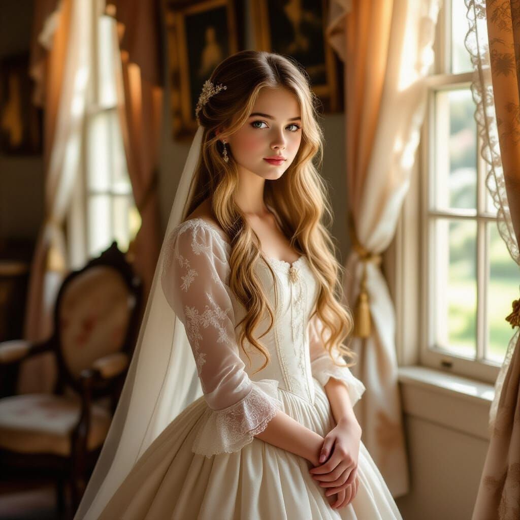 Timid Bride in Sunlit Victorian Parlor