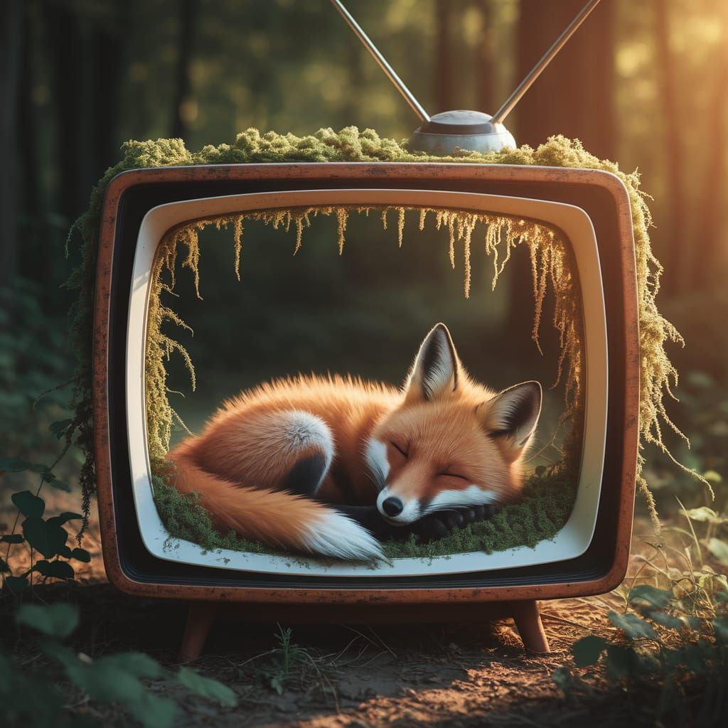 Fox Sleeps in Abandoned TV in Sunlit Forest