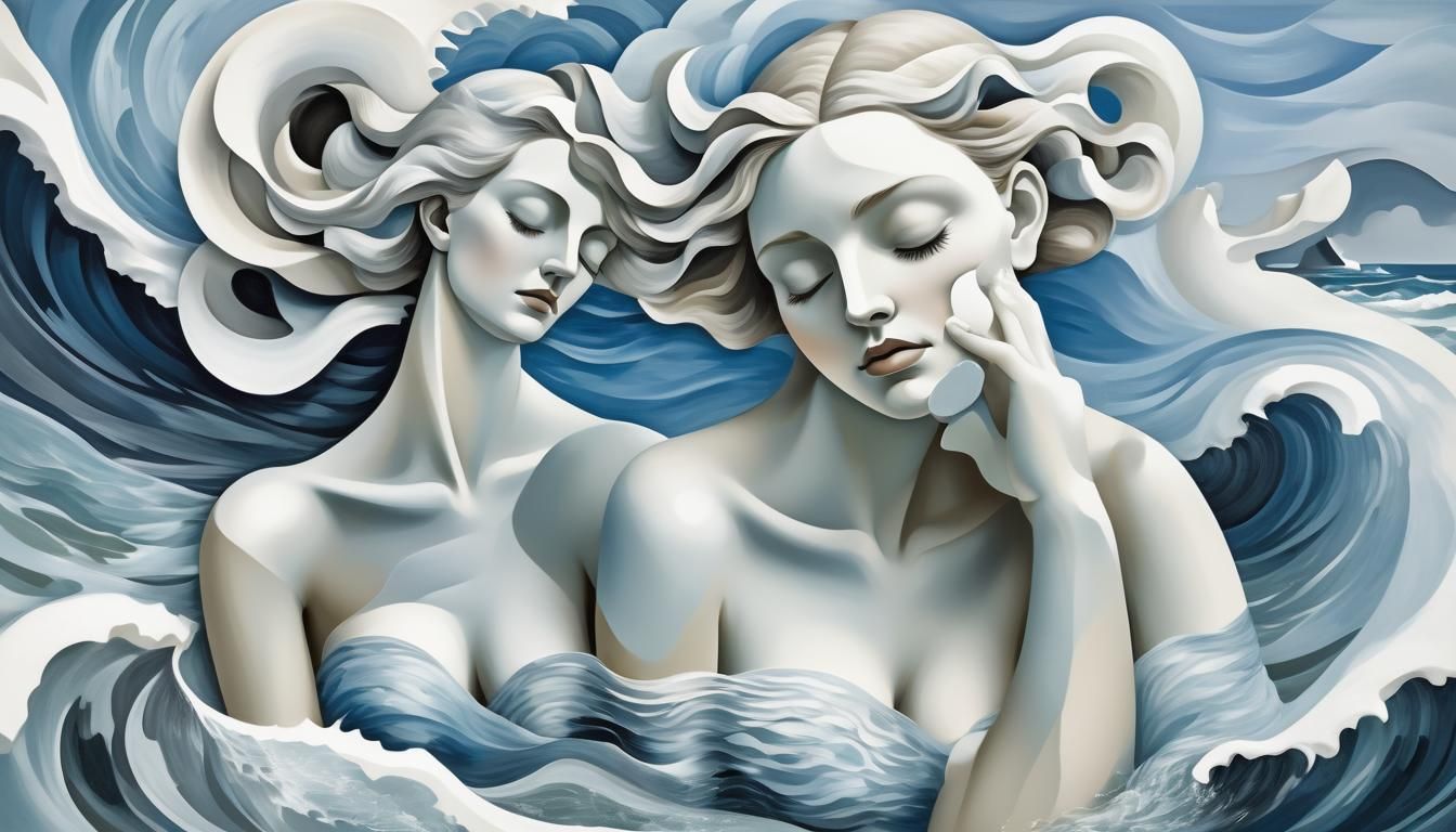Cubist Woman Enveloped by Seashell in Cubist Sea