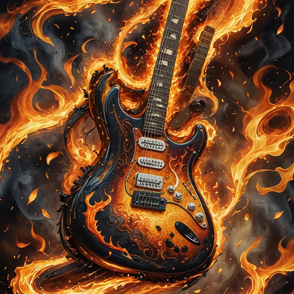 Surreal Burning Guitar in Dreamlike Setting