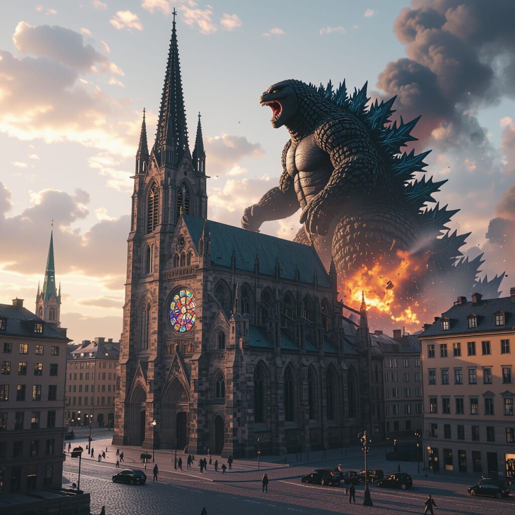 Godzilla and Gorilla Clash in Destroyed Stockholm