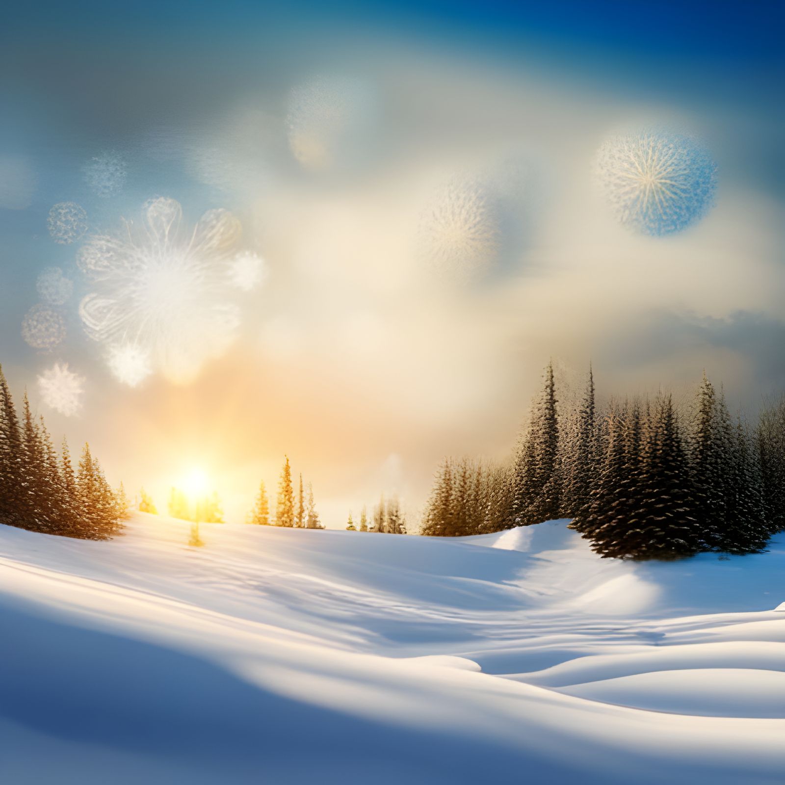 Detailed Winter Snowscape with Bokeh, Hyperrealist Art