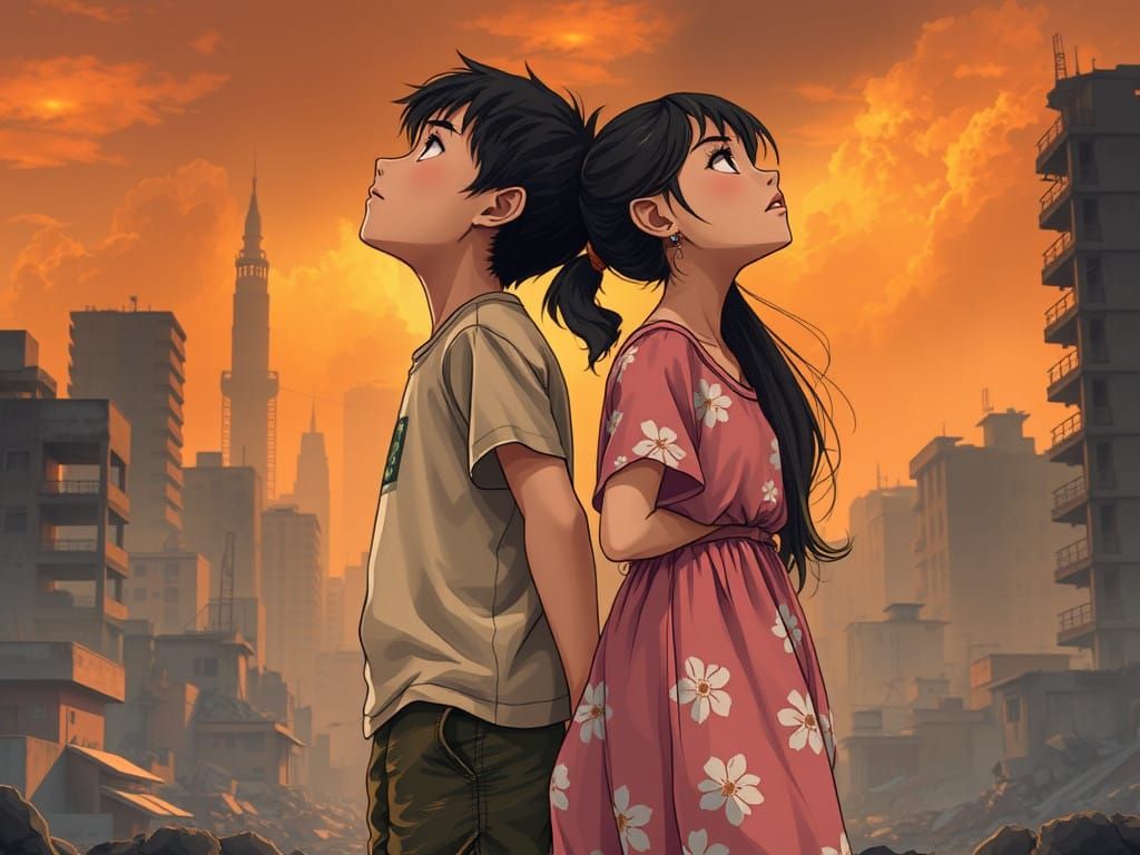 War-Torn Cityscape in Anime Style