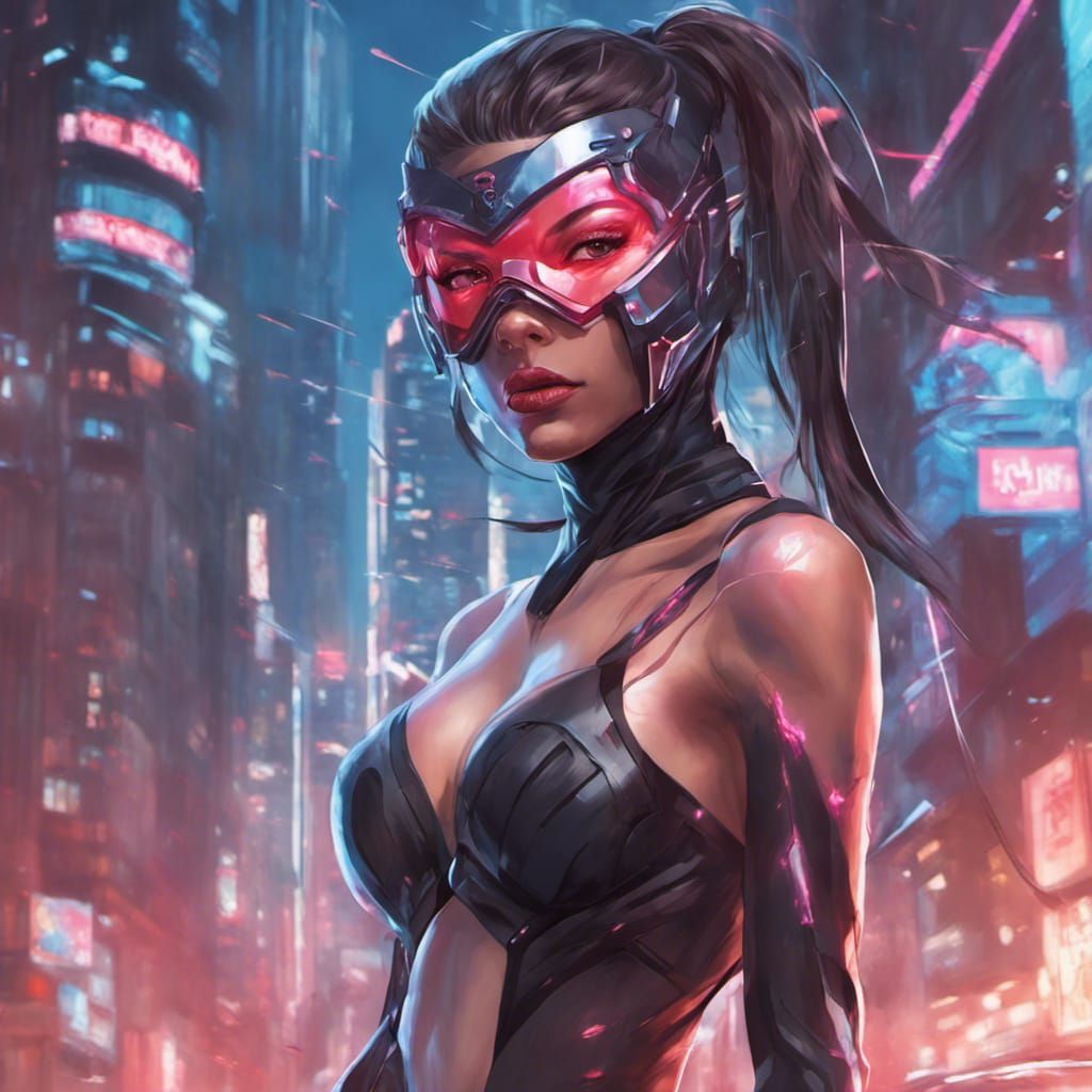 Cyber Ninja in Neon Cityscape, Digital Art