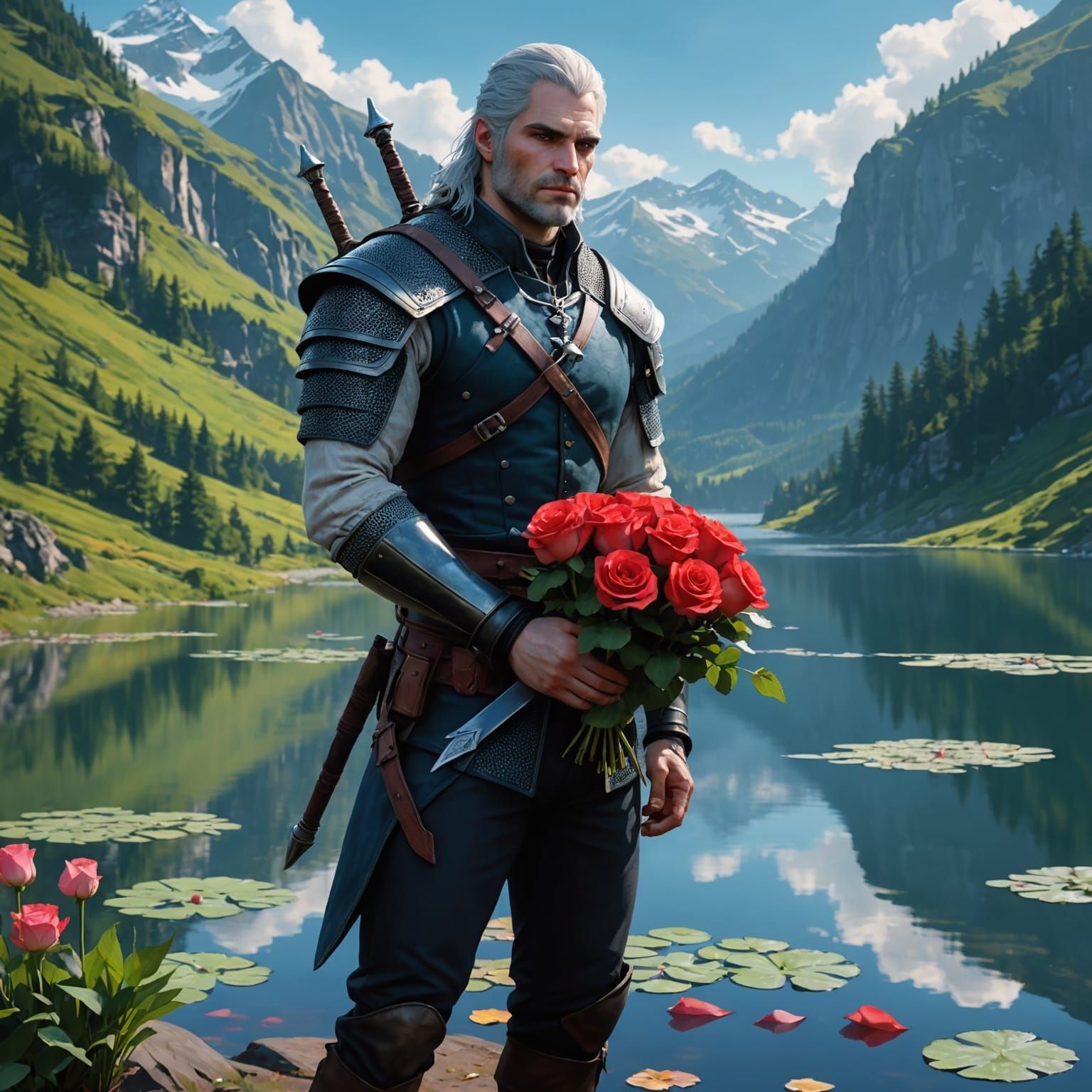 Anime-Style Portrait Holding Roses, Dreamy 3D Render