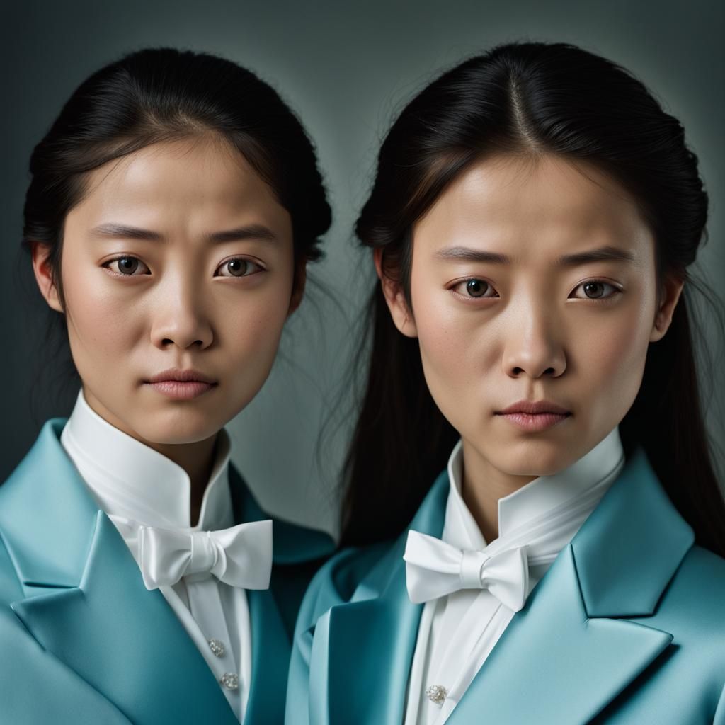 Sisters in Aquamarine Tailcoats: Professional Portrait