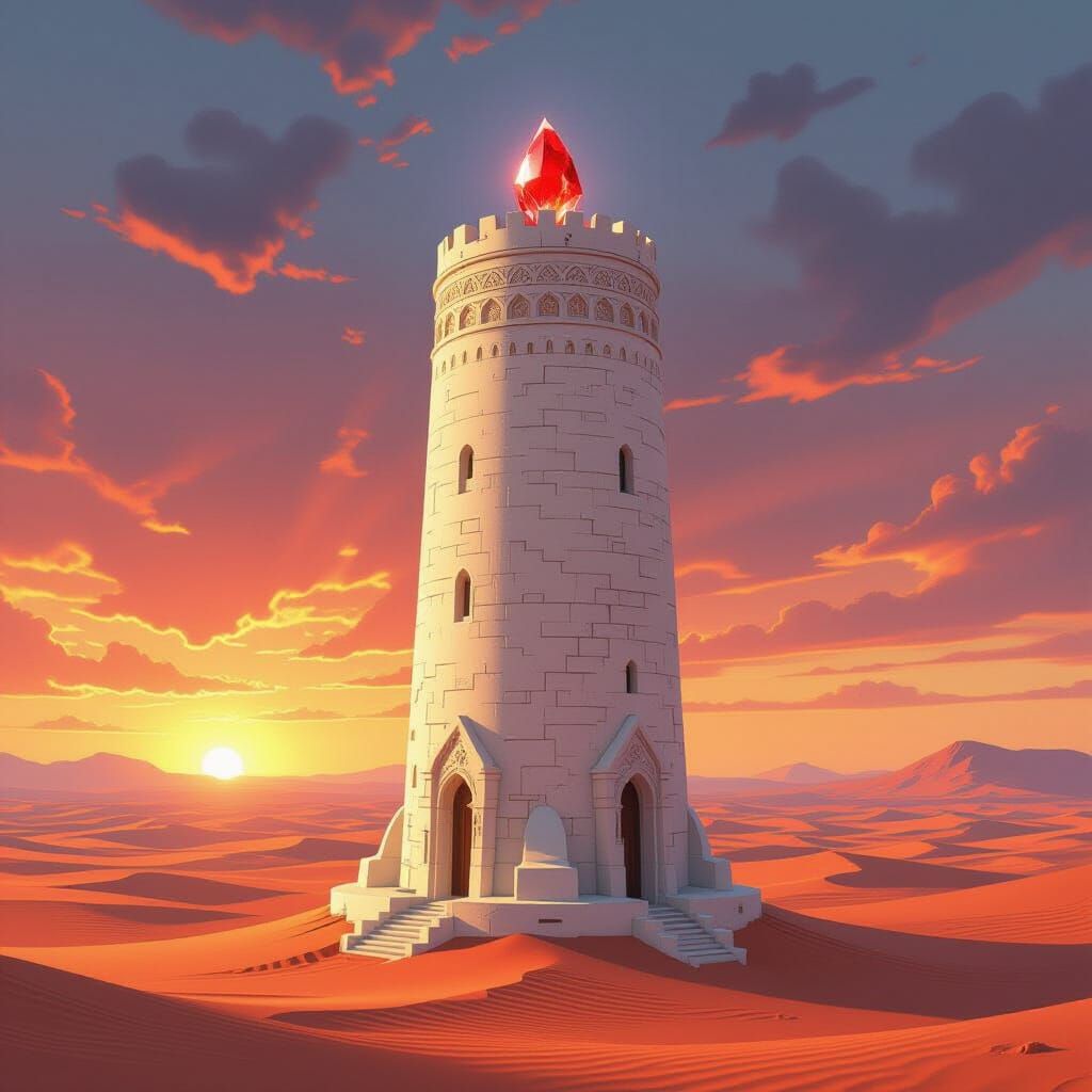 White Stone Tower with Red Crystal in Desert