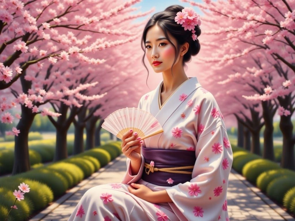 Geisha Under Cherry Tree in Shin-hanga Style