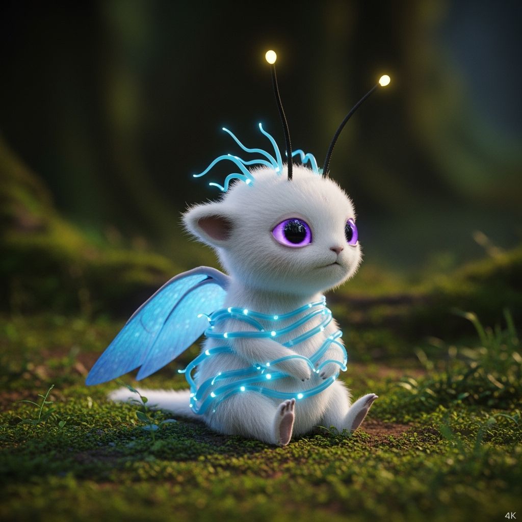 Fluffy White Fantasy Creature with Bioluminescent Wings