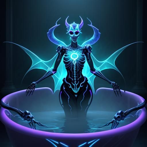 Luminous Glass Skeleton Woman in Neon Milk Bath