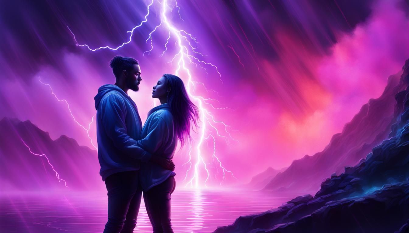 Neon Lovers Embrace During Space Storm