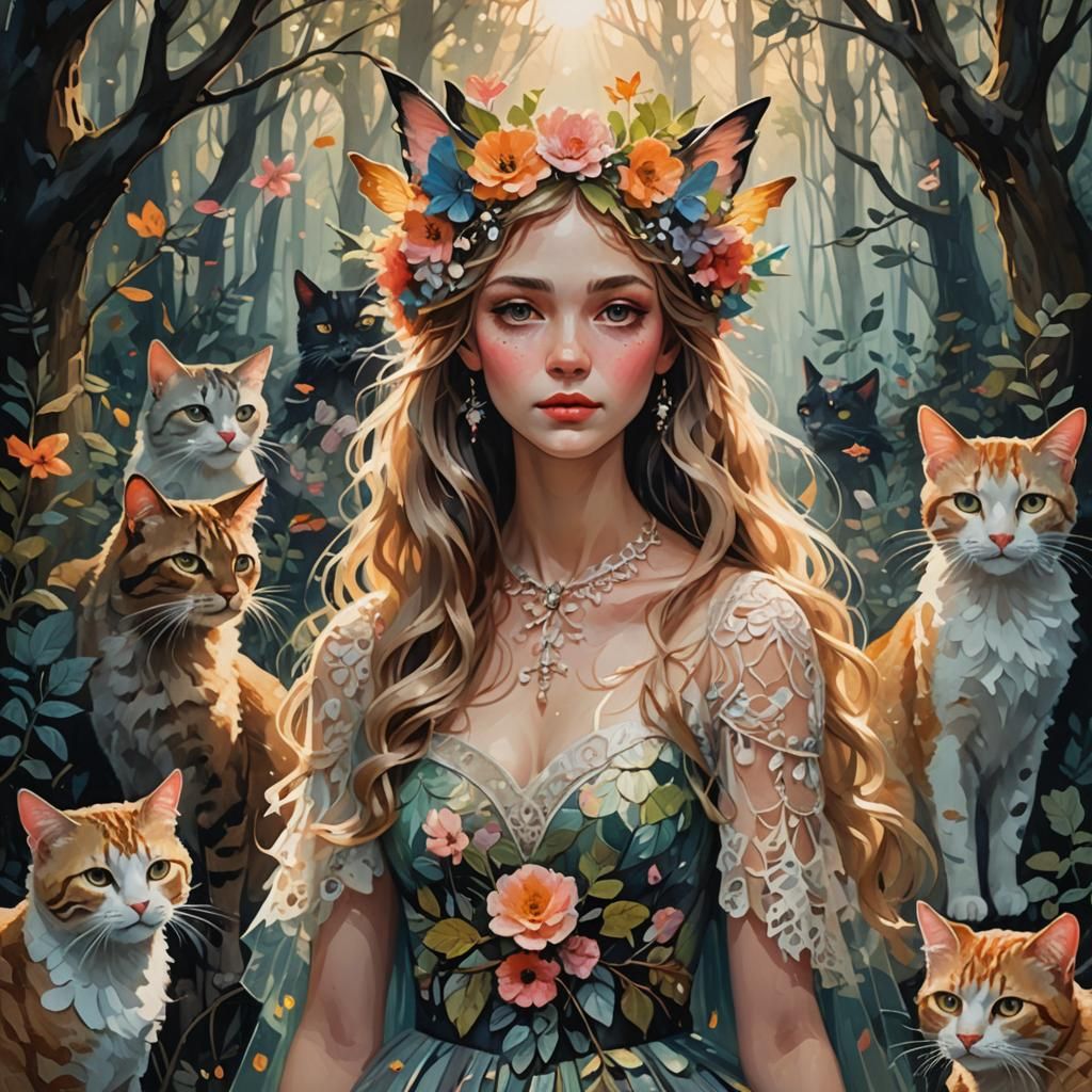 Fairy Surrounded by Cats in Gouache Style