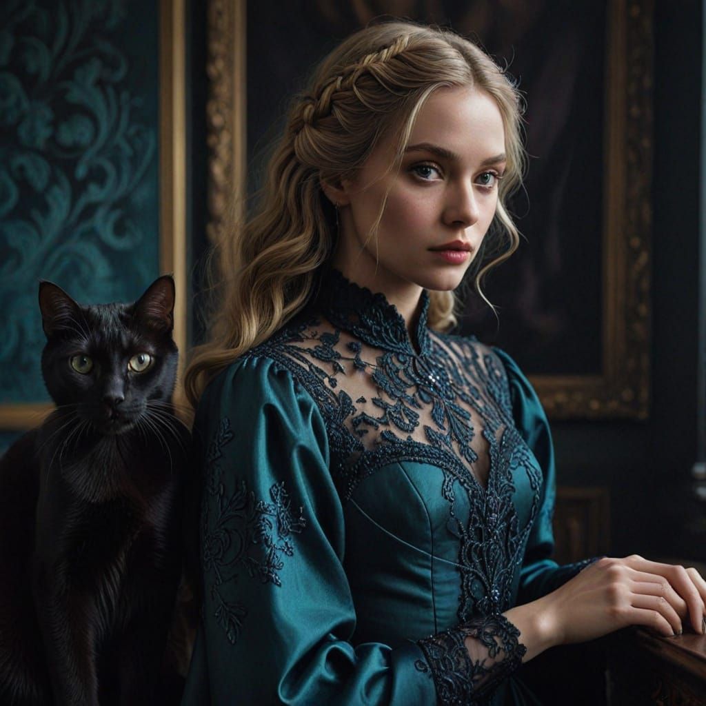 Regal Woman and Sleek Black Cat in Moody Dark Teal Gown