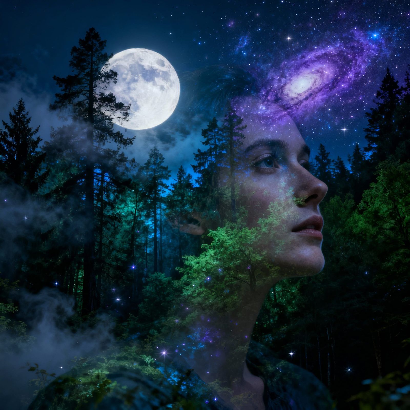 Ethereal Forest Galaxy Double Exposure Portrait
