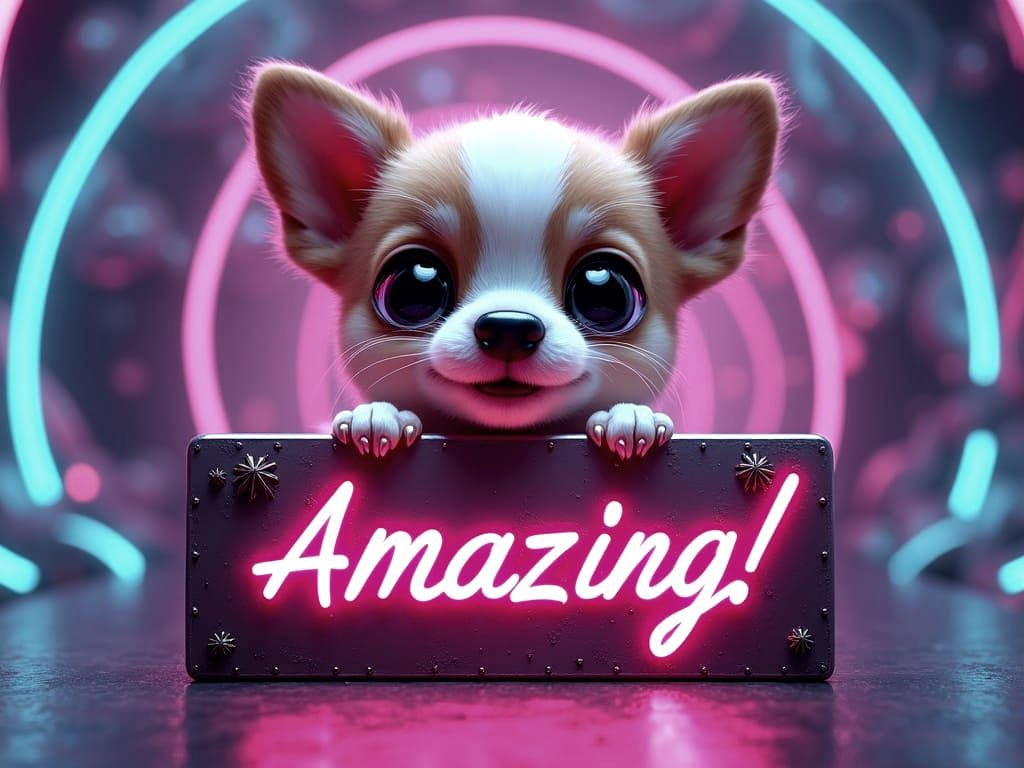 Chibi Dog Holds Up Futuristic Metal Sign in Minimalist Studi...