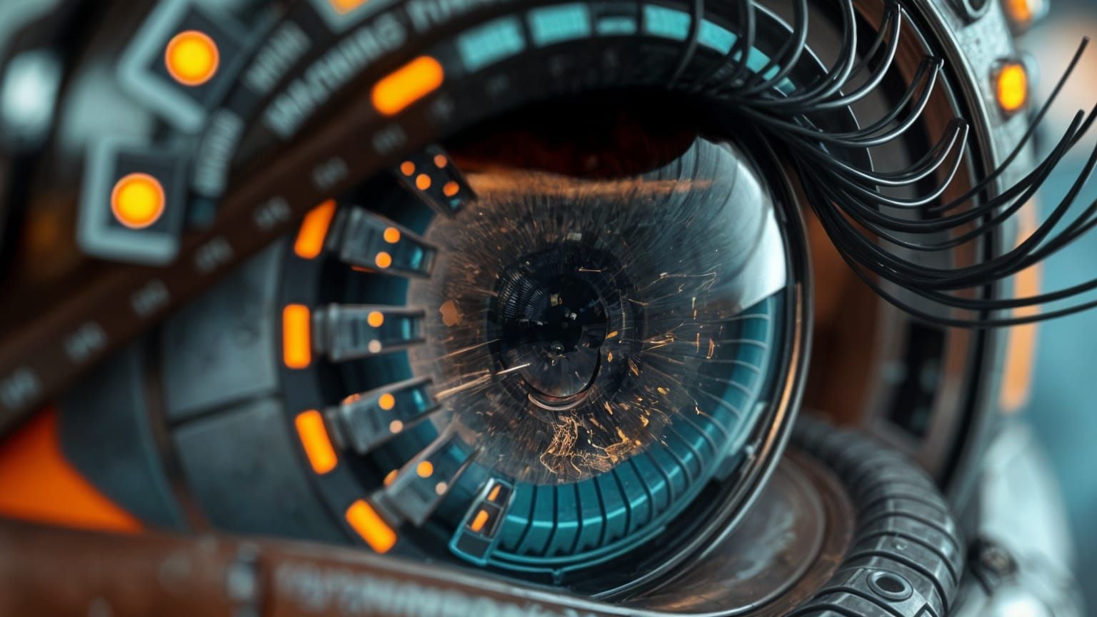 Cybernetic Eye Macro Reflects Futuristic Cityscape