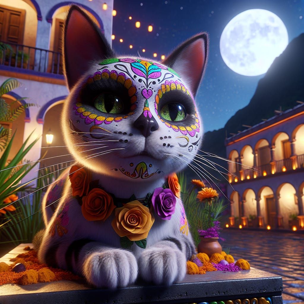 Macro shot of a beautiful cat wearing a Typical intricately detailed colorful Día de los Muertos face paint, with a moon...