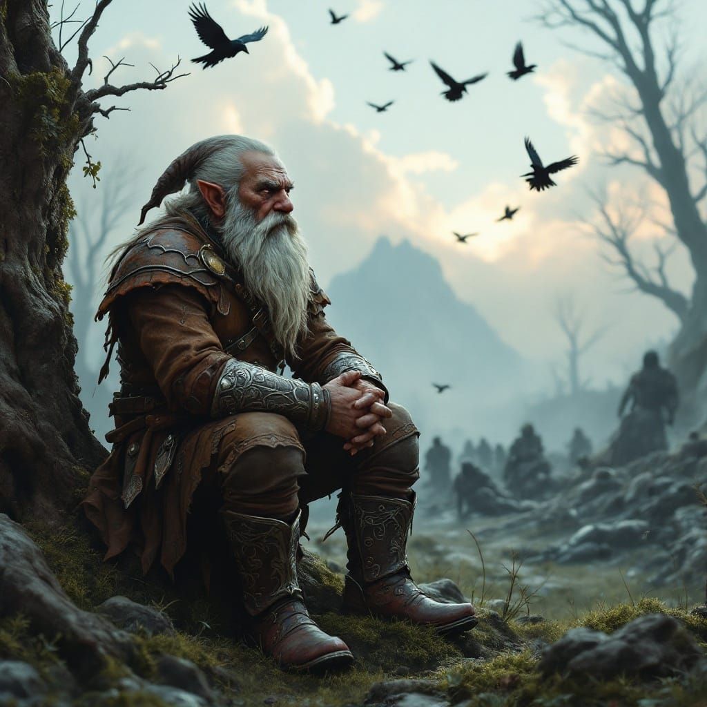 Contemplative Gnome on Log in Misty Battlefield