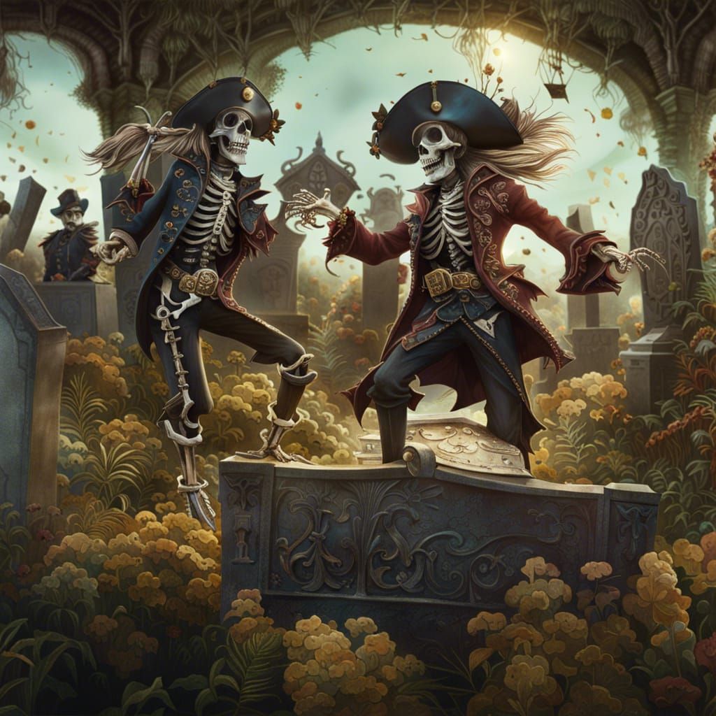Skeleton Pirates Dance in Graveyard, Digital Art