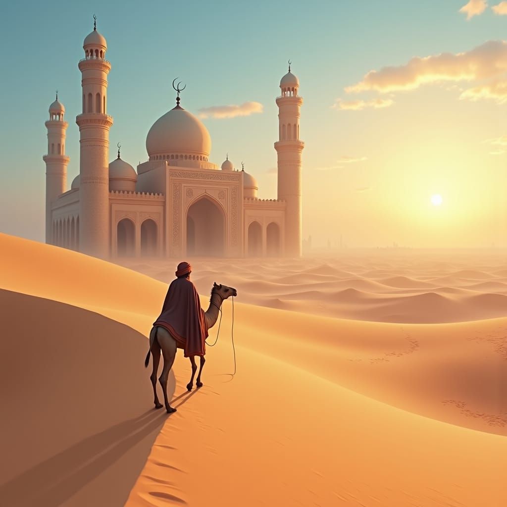 Desert Sunrise: Ancient City and Lone Traveler