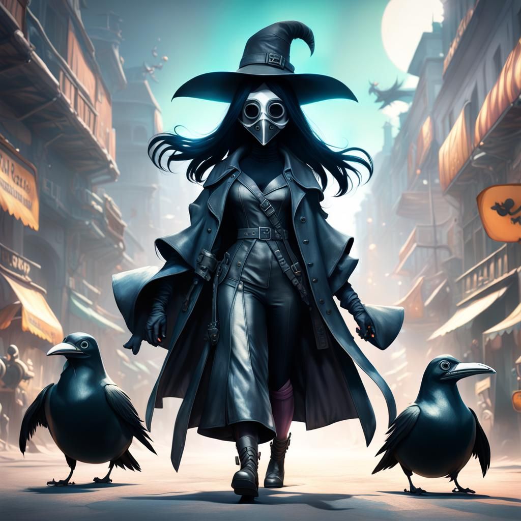 Plague Doctor Commanding Crowd: Pixar-Style 3D Art