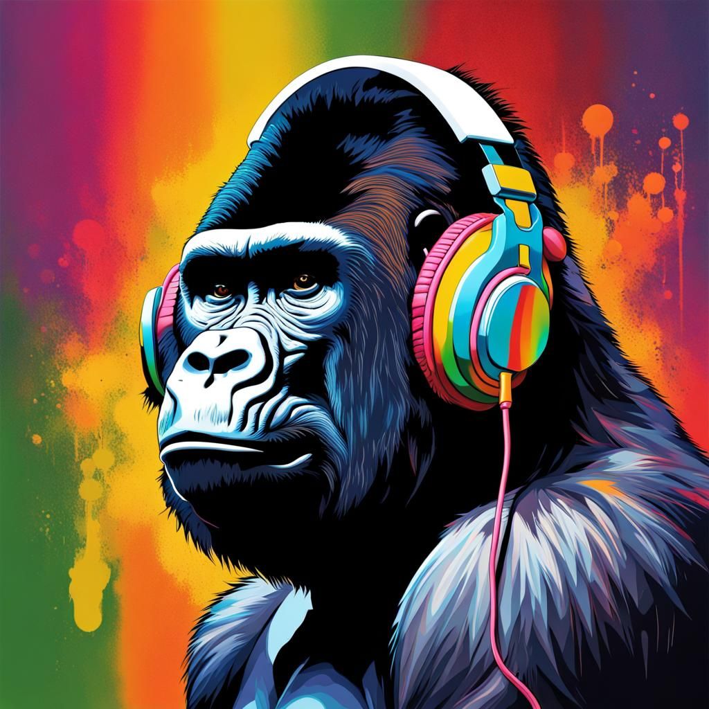 Hyperrealistic Gorilla with Headphones in Splash Art Style