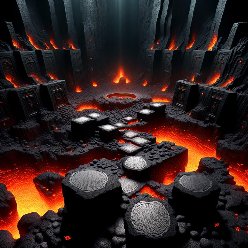 A  deep abyss made of black stone, incandescent magma, phosp...