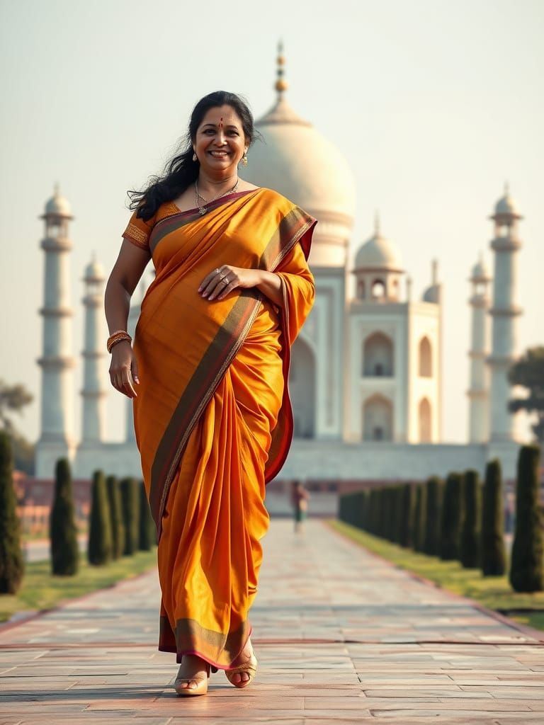 Charming Indian Woman Walks Confidently by Taj Mahal
