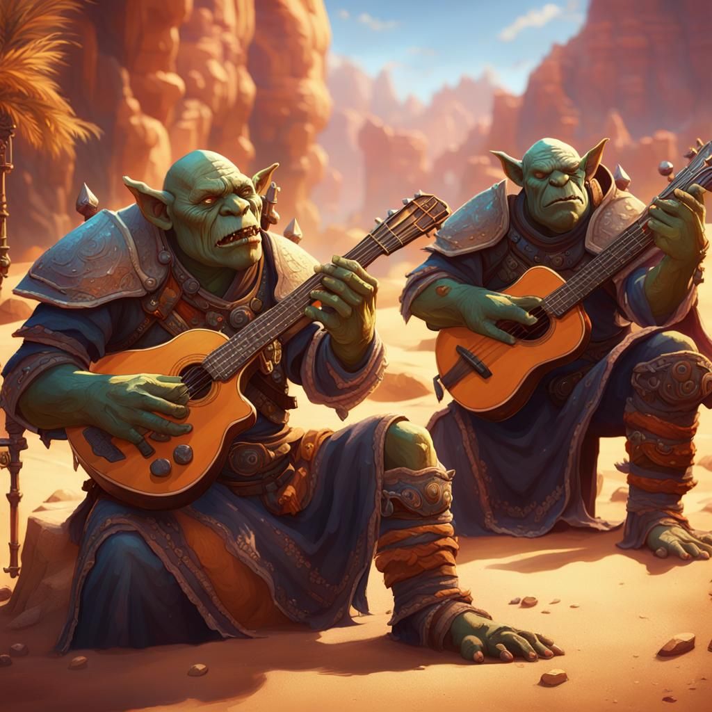 Orc Musicians in Desert Oasis: Fantasy Concept Art