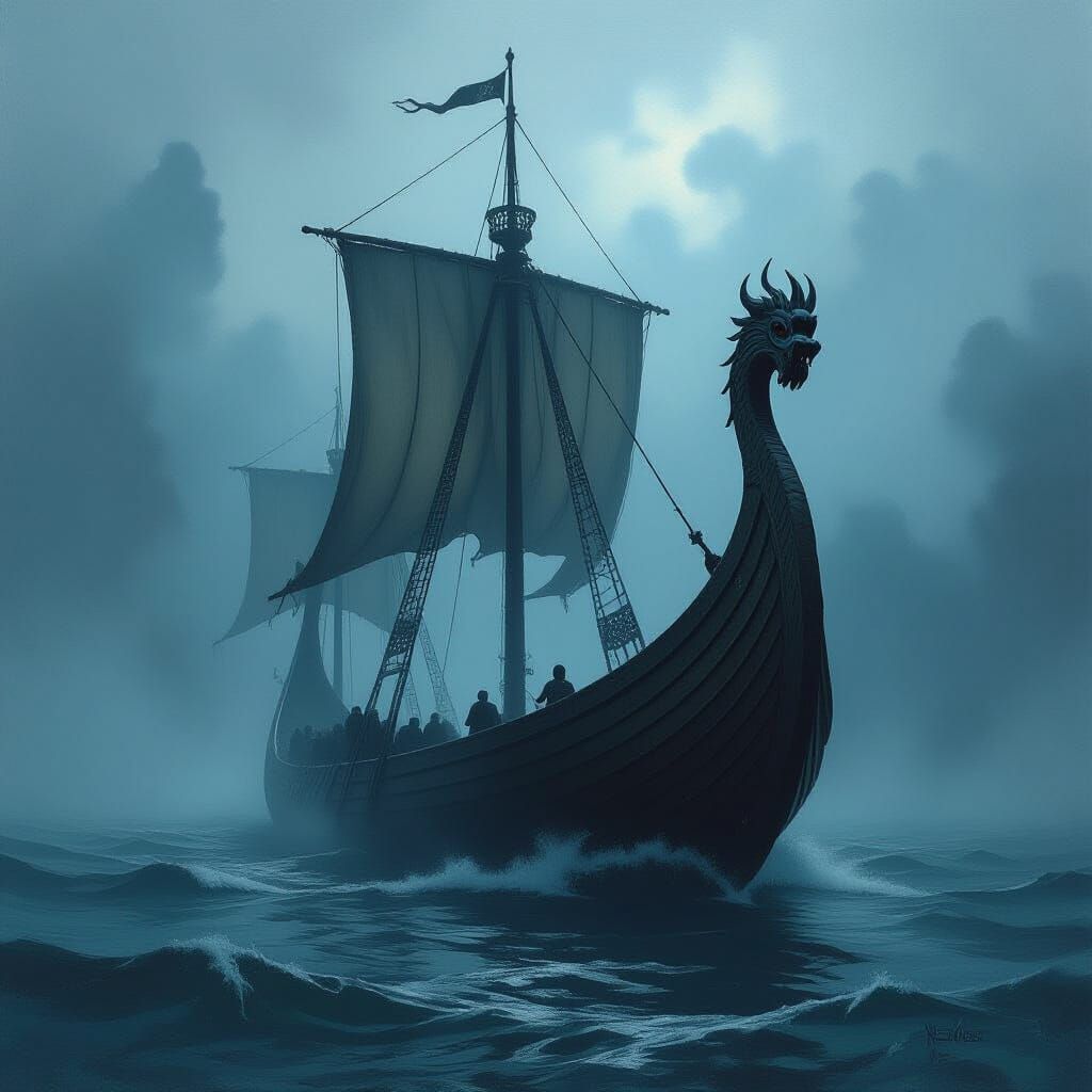 Viking Longship in Mystical Mist: Dramatic Oil Painting