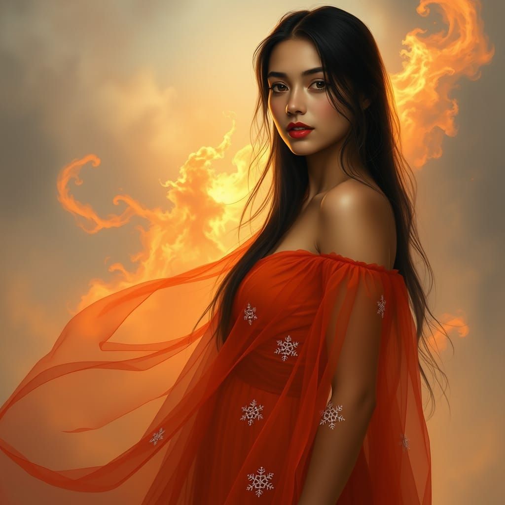 Ethereal Mexicana Goddess in Vibrant Red-Orange Gown